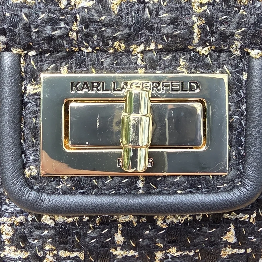 Karl Lagerfeld Tweed & Leather Bag w/ Adjustable Chain Strap NWT